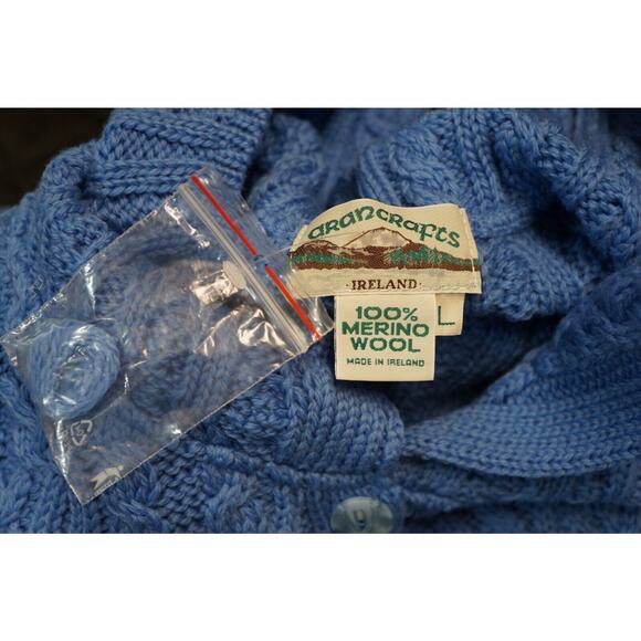 Aran Craft Blue Wool Button Front Cardigan Sweater w/ Pockets New Size L - Picture 11 of 11